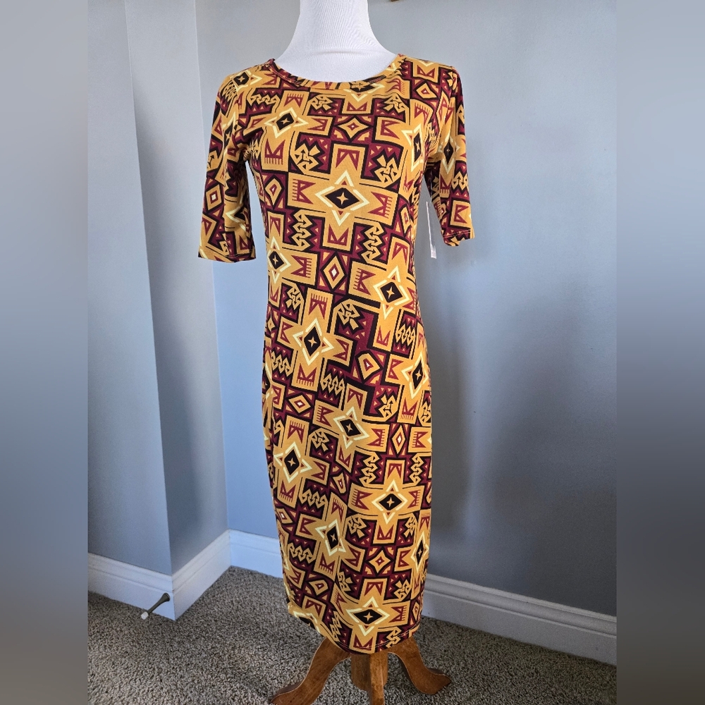 NWT Lularoe Geometric Patterned Dress - Yellow and Brown Small